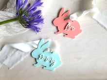 Load image into Gallery viewer, Personalized bunny easter basket tag, easter basket gift, first easter present, baby&#39;s first easter, pastel easter basket name tag, easter decor, bunny tag
