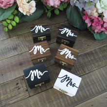 Load image into Gallery viewer, Perryhill Rustics wooden wedding ring box set. From top, dark walnut, early american, ebony/antique white mr and mrs ring boxes