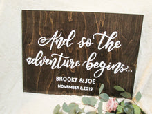Load image into Gallery viewer, And so the adventure begins, wooden wedding sign by Perryhill Rustics