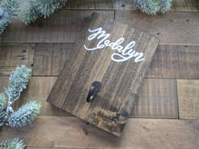 Load image into Gallery viewer, Wall mount personalized stocking holder. Hand painted Christmas decor by Perryhill Rustics