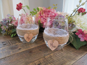Personalized stemless wine glasses for rustic wedding by Perryhill Rustics