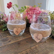 Load image into Gallery viewer, Personalized stemless wine glasses for rustic wedding by Perryhill Rustics