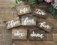 Load image into Gallery viewer, Worded table number, hand painted wedding decor by Perryhill Rustics