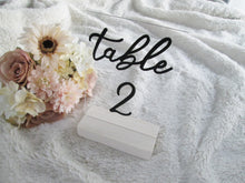 Load image into Gallery viewer, Clear acrylic wedding table numbers with stands by Perryhill Rustics. Black and white event decor.
