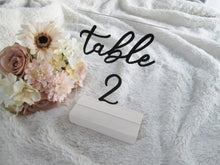 Load image into Gallery viewer, Clear acrylic wedding table numbers with stands by Perryhill Rustics. Black and white event decor.