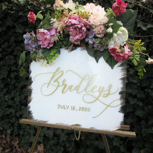 White and gold personalized acrylic wedding welcome sign by Perryhill Rustics