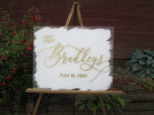 White and gold acrylic wedding sign by Perryhill Rustics