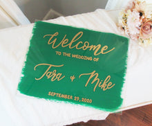 Load image into Gallery viewer, Green and gold acrylic welcome sign by Perryhill Rustics