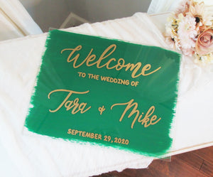 Green and gold acrylic welcome sign by Perryhill Rustics