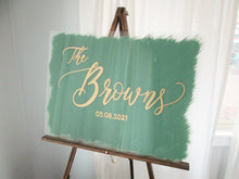 Load image into Gallery viewer, Sage green and gold personalized acrylic wedding welcome sign by Perryhill Rustics
