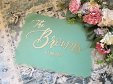 Load image into Gallery viewer, sage green and gold acrylic table number by Perryhill Rustics