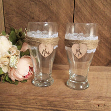 Load image into Gallery viewer, Rustic personalized beer pints with jute twine and lace by Perryhill Rustics