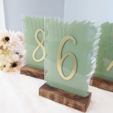 Load image into Gallery viewer, sage green and gold acrylic table number by Perryhill Rustics

