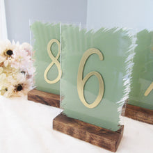 Load image into Gallery viewer, sage green and gold acrylic table number by Perryhill Rustics