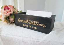 Load image into Gallery viewer, Personalized Wooden Graduation card box by Perryhill Rustics- Handmade and hand painted in the US. First name, first and last, personalization customizable