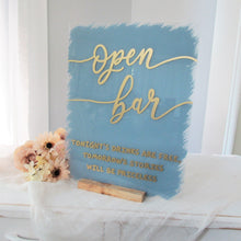 Load image into Gallery viewer, Dusty blue and gold wedding open bar acrylic sign by Perryhill Rustics