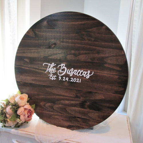 Round personalized wood wedding guest book signing board