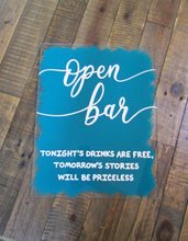 Load image into Gallery viewer, Turquoise open bar hand painted wedding reception party decor sign by Perryhill Rustics