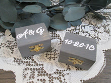 Load image into Gallery viewer, Weathered grey wedding ring boxes with initials and date by Perryhill Rustics. Perfect beach themed wedding decor!