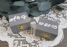 Load image into Gallery viewer, Weathered grey wedding ring boxes with initials and date by Perryhill Rustics. Perfect beach themed wedding decor!
