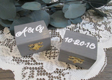 Load image into Gallery viewer, Weathered grey wedding ring boxes with initials and date by Perryhill Rustics. Perfect beach themed wedding decor!