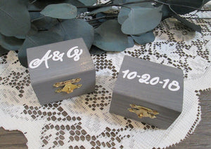 Weathered grey wedding ring boxes with initials and date by Perryhill Rustics. Perfect beach themed wedding decor!