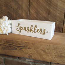 Load image into Gallery viewer, White and gold sparklers hold by Perryhill Rustics