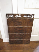 Load image into Gallery viewer, 24x36 dark walnut your seat awaits rustic wooden seating chart sign by Perryhill Rustics. Hand painted wedding decor and signs!