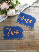 Load image into Gallery viewer, Navy blue and rose gold acrylic brush stroke calligraphy table numbers by Perryhill Rustics