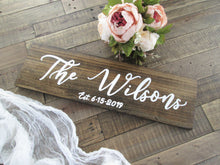 Load image into Gallery viewer, Wooden personalized last name sign, rustic farmhouse home decor, wedding gift, anniversary gift for her by Perryhill Rustics