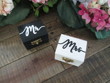 Load image into Gallery viewer, Perryhill Rustics wooden wedding ring box set. Ebony black and antique white stained mr and mrs ring boxes