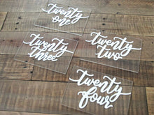 Load image into Gallery viewer, Worded clear acrylic table numbers for minimalist or modern wedding by Perryhill Rustics