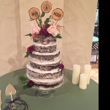 Load image into Gallery viewer, Perryhill Rustics Mr & Mrs natural wood log slice wood cake, cupcake or pie topper. Handmade to order!