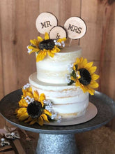 Load image into Gallery viewer, Perryhill Rustics Mr & Mrs natural wood log slice wood cake, cupcake or pie topper. Handmade to order!
