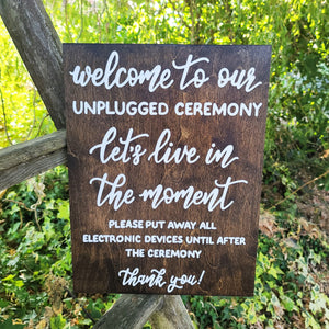 Unplugged ceremony hand painted rustic wood wedding sign by Perryhill Rustics