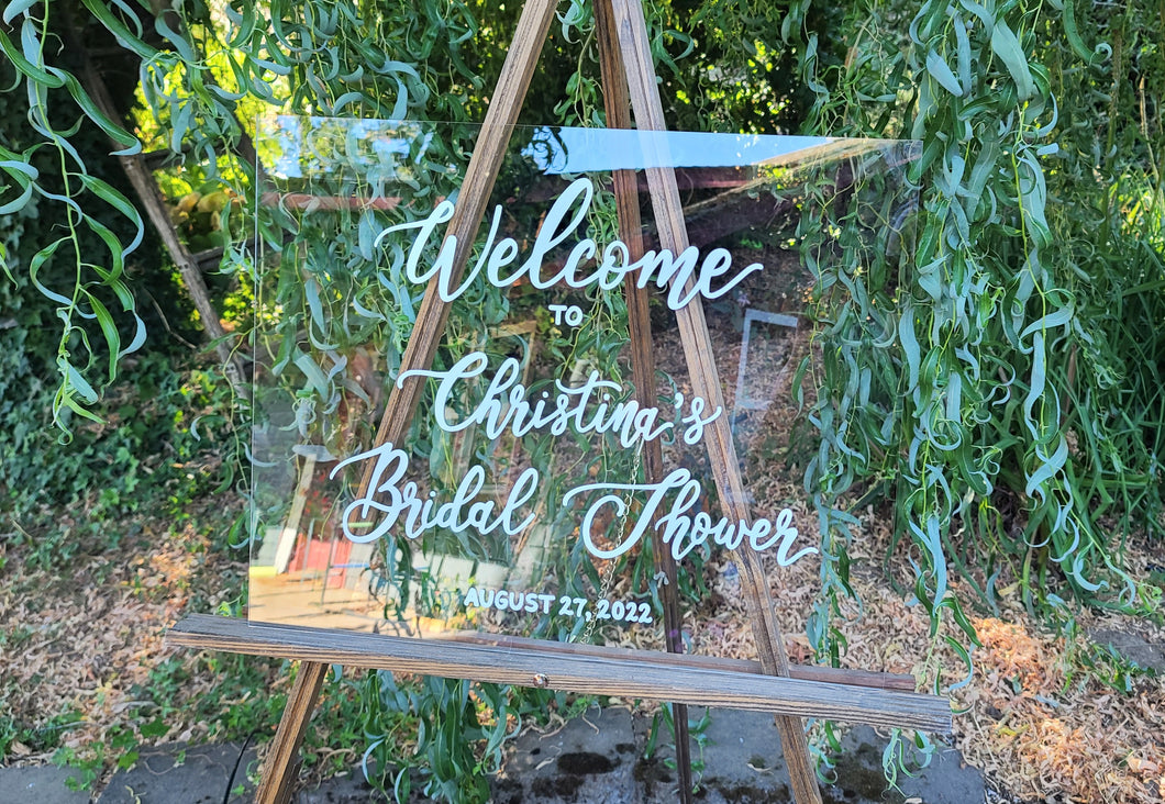 Clear acrylic bridal shower welcome sign- hand painted