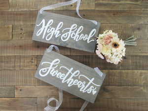 Weathered grey sweetheart table signs by Perryhill Rustics