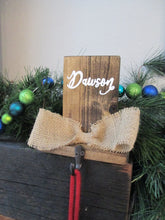 Load image into Gallery viewer, Rustic personalized wooden stocking hanger for shelf or mantel by Perryhill Rustics
