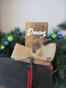 Rustic personalized wooden stocking hanger for shelf or mantel by Perryhill Rustics