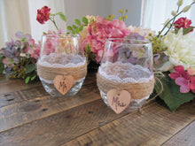 Load image into Gallery viewer, Personalized stemless wine glasses for rustic wedding by Perryhill Rustics
