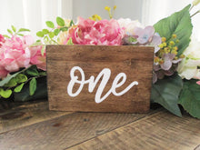 Load image into Gallery viewer, Worded table number, hand painted wedding decor by Perryhill Rustics
