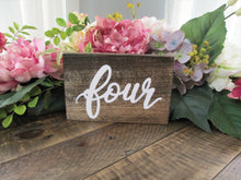 Load image into Gallery viewer, Worded table number, hand painted wedding decor by Perryhill Rustics
