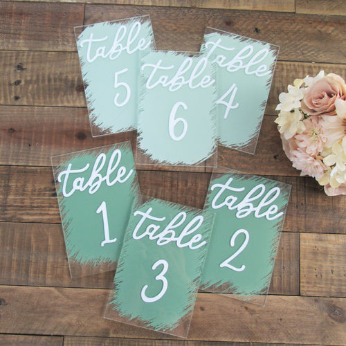 Seaglass green and cactus green painted back acrylic table numbers by Perryhill Rustics