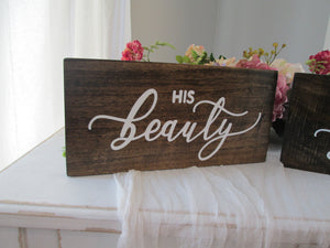 Fairytale wedding chair signs. His beauty her beast by Perryhill Rustics