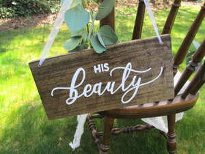Fairytale wedding chair signs. His beauty her beast by Perryhill Rustics