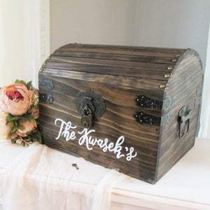 Dark walnut wooden personalized wedding card keepsake chest by Perryhill Rustics