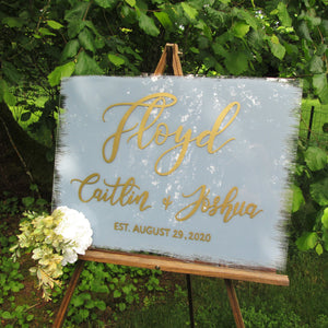 Dusty blue and gold wedding welcome sign