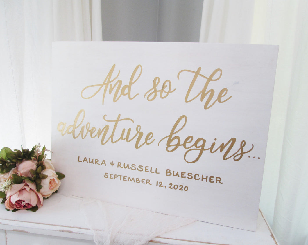 The adventure begins white and gold wood wedding sign by Perryhill Rustics