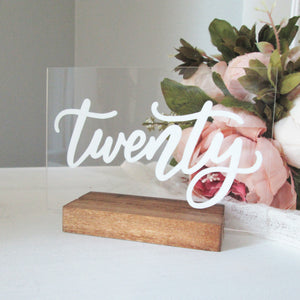 Worded clear acrylic table numbers for minimalist or modern wedding by Perryhill Rustics