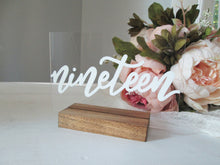 Load image into Gallery viewer, Worded clear acrylic table numbers for minimalist or modern wedding by Perryhill Rustics
